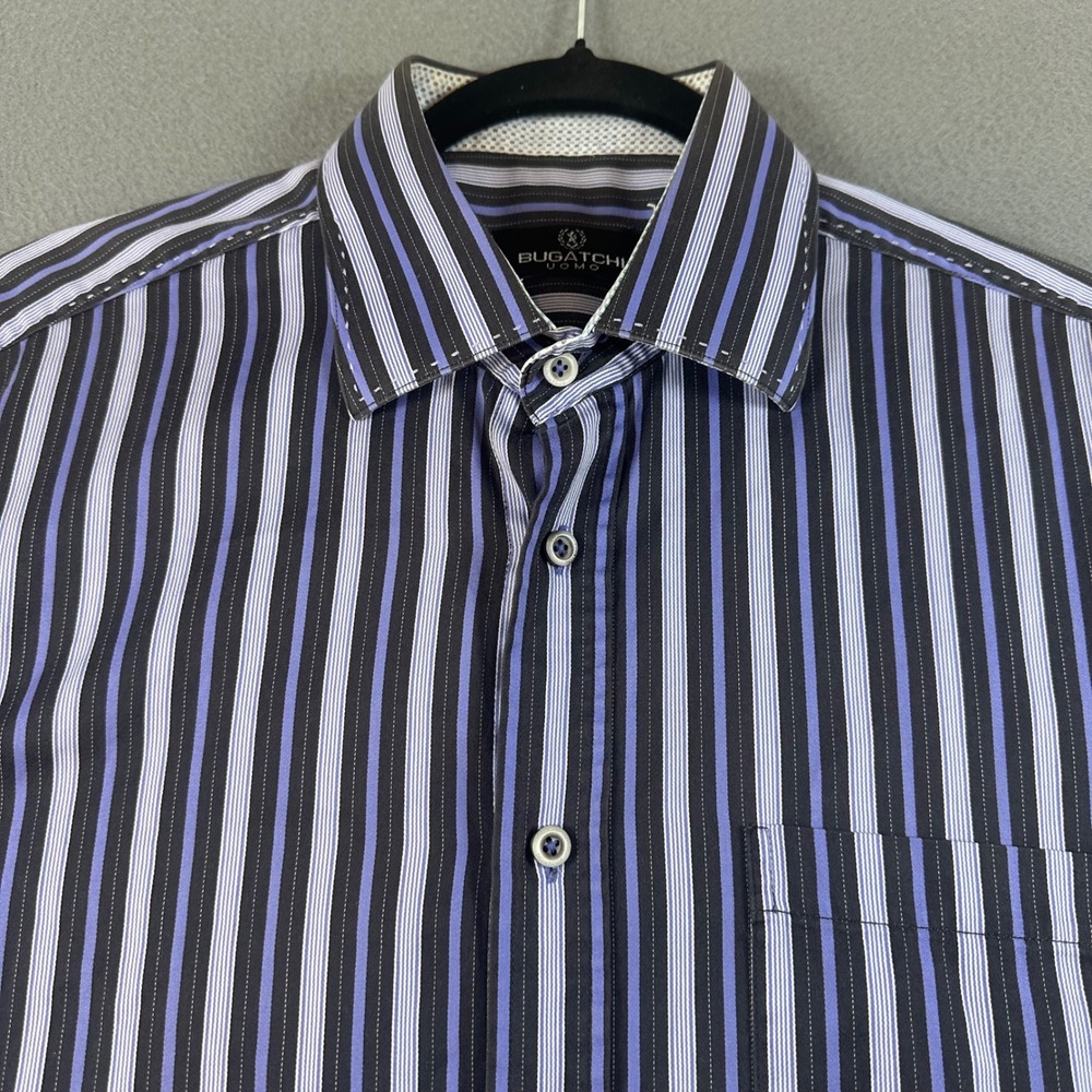 Bugatchi Uomo Mens Short Sleeve Button Down Shirt Striped Black Blue Cotton L